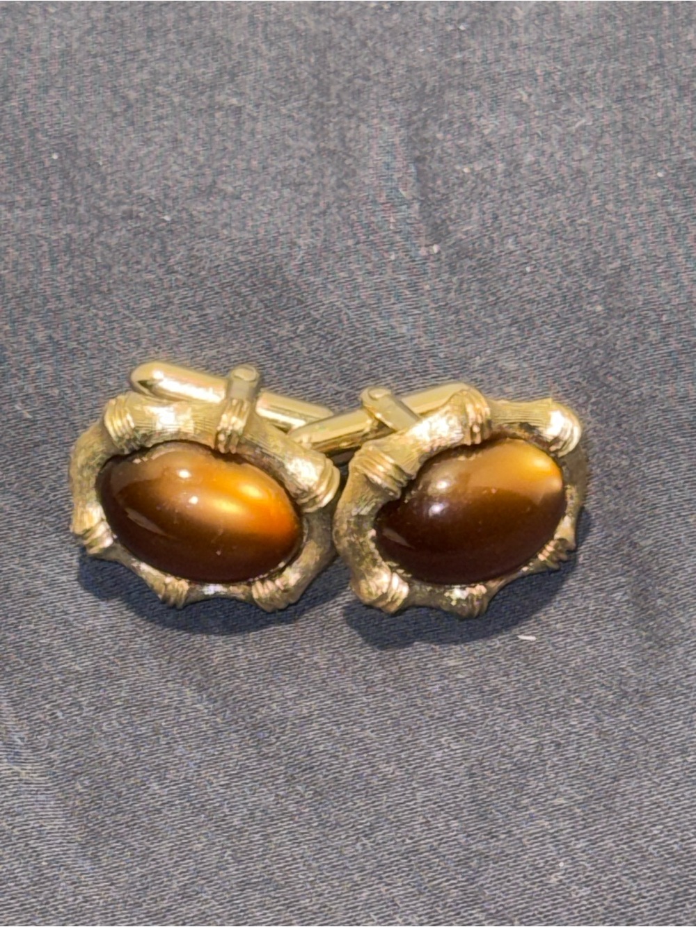 Vintage SWANK CUFFLINKS Gold Tone Bamboo Frame MOON GLOW TIGER EYE Cabochon